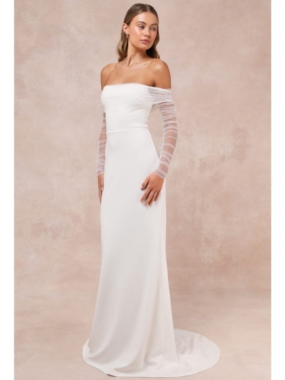 NWT Lulu’s Beautifully Beloved Mesh Off-the-Shoulder Maxi Wedding Dress Size XL
